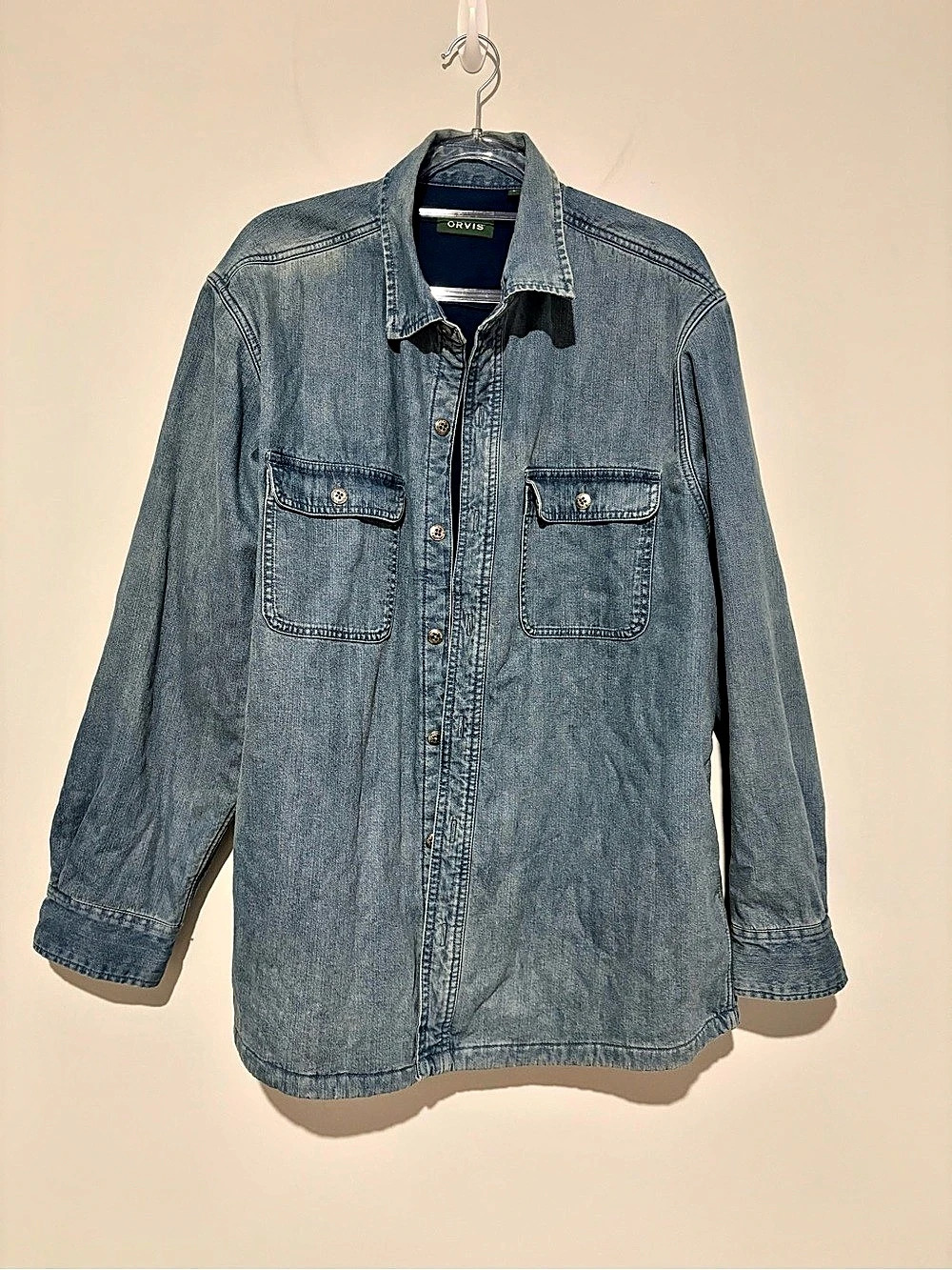Orvis Mens Denim Fleece Lined Shacket Shirt Jacket Blue large